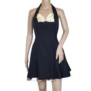 L.A. GLO Vintage 80s 90s Black White Bow Halter Party Prom Dress